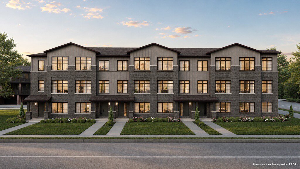 Landscaped townhome streetscape at The Bogart Hills