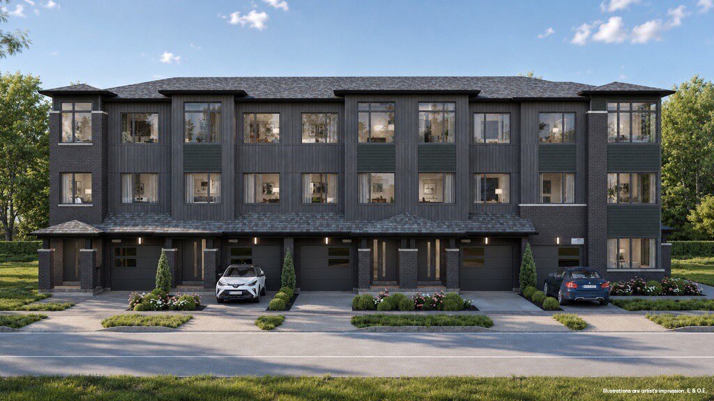 Contemporary townhome streetscape at The Bogart Hills